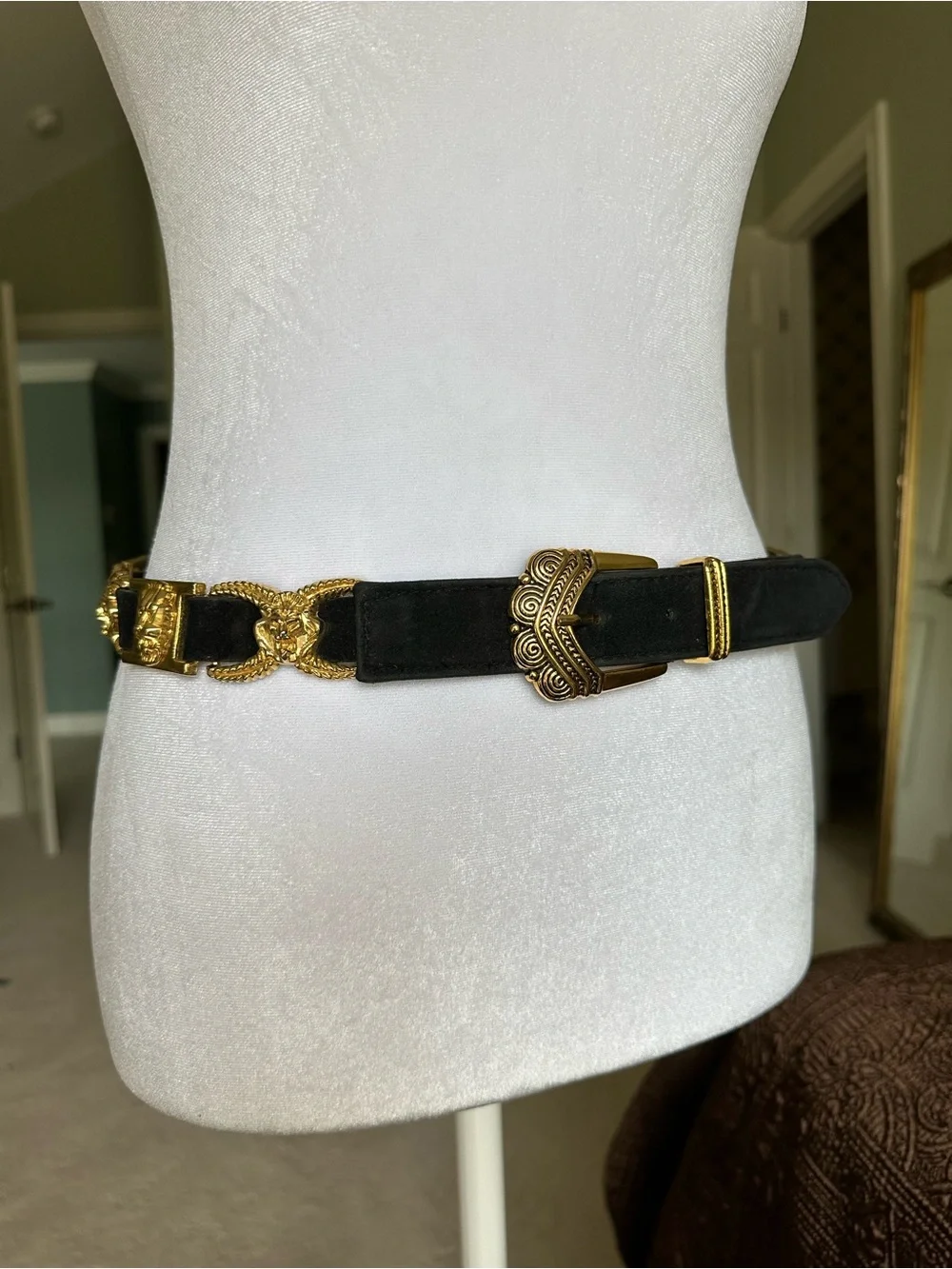 Dark Blue Velvet Belt with Ornate Gold Lion Accents